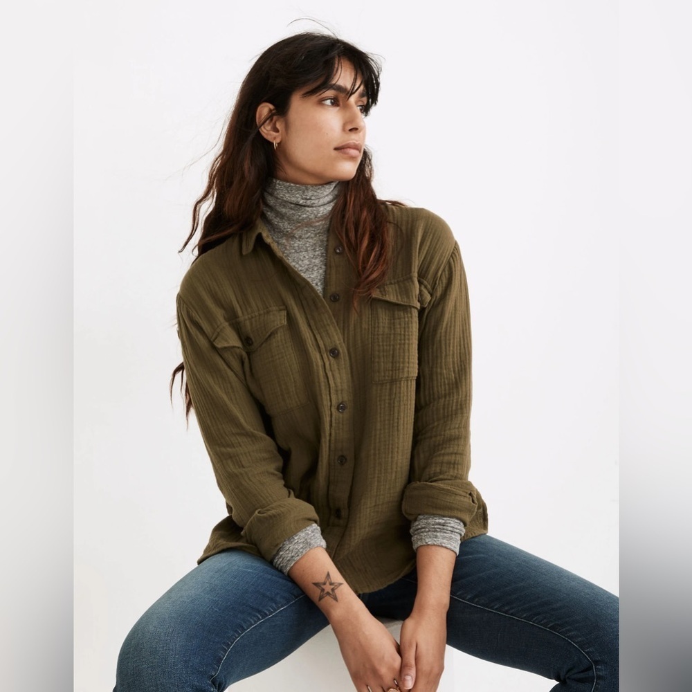 Madewell Olive Green Lightspun Flap-Pocket Oversized Ex-Boyfriend Shirt Size S